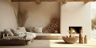 ai generato. ai generativo. accogliente casa di legno minimo decorazione nel Cipro tropicale classico stile. grafico arte foto