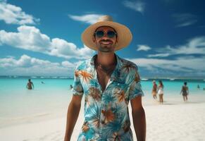 ai generativo indietro Visualizza giovane turista uomo nel estate vestito e cappello in piedi su bellissimo sabbioso spiaggia. godendo. foto