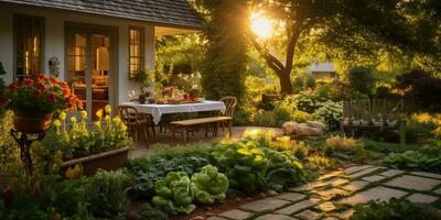ai generato. ai generativo. natura all'aperto esterno Casa giardino con accogliente tavolo con molti impianti fiori. grafico arte foto