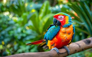 radiante foresta pluviale regalità, un' travolgente ritratto di un' vivace pappagallo in mezzo il lussureggiante tropicale baldacchino. ai generato foto