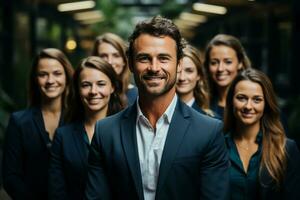 ai generativo gruppo di contento attività commerciale uomo e attività commerciale donne, vestito nel tute siamo sorridente, nel il ufficio foto