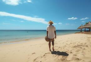 ai generativo indietro Visualizza giovane turista uomo nel estate vestito e cappello in piedi su bellissimo sabbioso spiaggia. godendo. foto