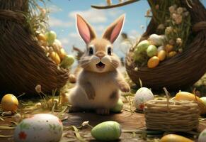 ai generativo foto contento coniglietto con molti Pasqua uova su erba festivo sfondo per decorativo design