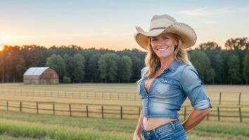 sorridente donna contadino nel un' cowboy cappello e con denim jeans superiore a agricolo azienda agricola campo. generativo ai foto