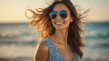 ritratto di sorridente giovane donna nel occhiali da sole, mare e palma alberi nel il sfondo. generativo ai foto