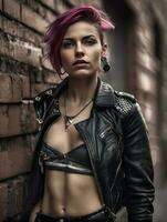 giovane punk ragazza nel pelle Abiti su un abbandonato città strada. generativo ai foto