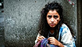 ritratto di senza casa giovane ragazza è seduta su il strada di abbandonato bagnato strada, sofferenza a partire dal crisi, povertà, solitudine. cinematico Visualizza. generativo ai foto