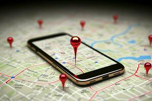 carta geografica con rosso puntatori marcatura un' itinerario su un' smartphone schermo ai generato foto