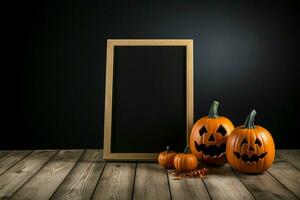 Halloween zucche su lavagna In piedi contro un' nero sfondo, di legno pavimento ai generato foto