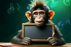 scimmia artista detiene un' lavagna, in mostra artistico talenti con un' Sorridi ai generato foto