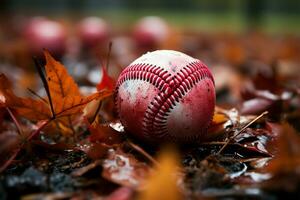 baseball riposa in mezzo autunno le foglie nel pioggia grondaia, mescolanza gli sport con di stagione bellezza ai generato foto