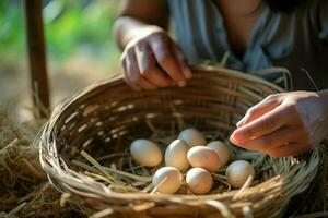 ecologico azienda agricola scena asiatico donna raccoglie uova a partire dal dietro a ai generato foto