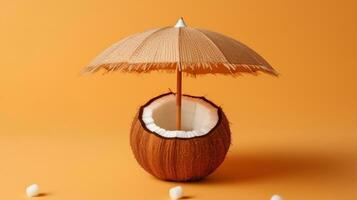 un' Noce di cocco con un ombrello su superiore di esso , generativo ai foto