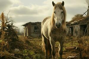 domestico fascino incarnato di un' dolce cavallo vicino il fienile nel Aperto dintorni ai generato foto