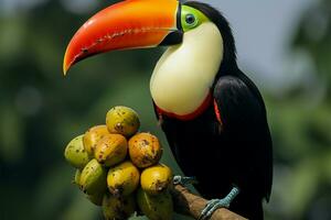 toco tucano Ramphastos toco assaporando un' Mango nel pantanale, Sud America ai generato foto