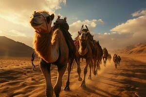 cammello caravan viaggio attraverso sahara sabbioso dune nel largo angolo ai generato foto