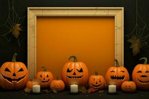 un' modello con granuloso struttura, incorniciato Halloween zucche con varia espressioni ai generato foto