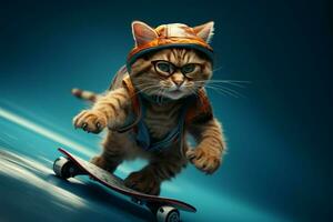 un' freddo gatto cavalcate un' skateboard, stillicidio stravaganza su blu ai generato foto