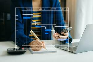 project manager che lavora e aggiorna le attività con la pianificazione dello stato di avanzamento delle pietre miliari e il diagramma di pianificazione del diagramma di Gantt. affari che lavorano con smartphone, tablet e laptop in ufficio. foto