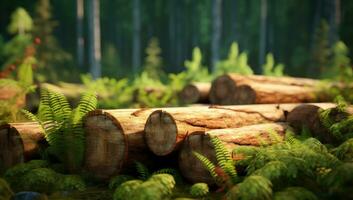foresta pino e abete rosso alberi. log tronchi mucchio, il registrazione legname legna industria. largo bandiera o panorama di legno tronchi. creato con generativo ai tecnologia. foto