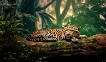 sri lanka leopardo, panthera pardus kotiya, posa su un' albero, circondato di denso vegetazione. creato con generativo ai tecnologia. foto