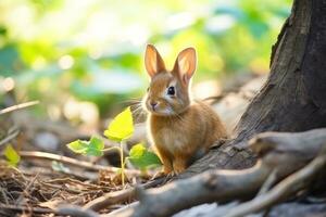 avvicinamento di carino coniglio con bellissimo bokeh sfondo, generativo ai illustrazione foto