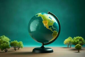 terra giorno e conservazione concetto con un' verde globo fondale ai generato foto