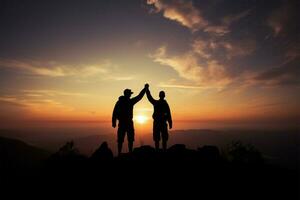 montagna escursionisti celebrare, mani sollevato nel silhouette, incarnando lavoro di squadra successo ai generato foto