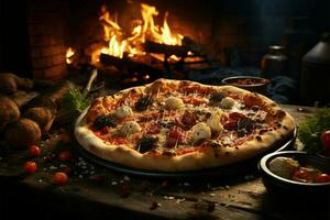 focolare pizzeria ambientazione, pietra fornello, sfolgorante fuoco, e acquolina in bocca Pizza, evocando tradizione ai generato foto
