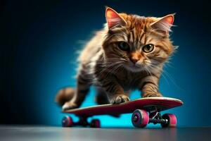 impaurito felino skateboard, sta su su un' vivace blu fondale ai generato foto