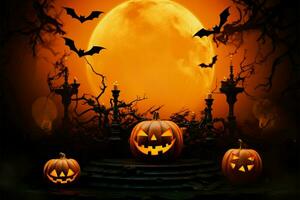 spaventoso 3d reso Prodotto podio contro un allettante Halloween sfondo ai generato foto
