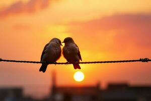 tramonti tonalità fondale uccello coppie silhouette su filo, un' amore storia ai generato foto