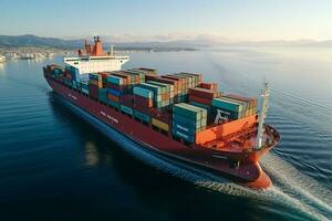 globale logistica commercio raffigurato di aereo contenitore nave Visualizza su internazionale Aperto mare ai generato foto