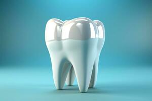 dentale cura simboleggiato di Perfetto dente modello su blu, minimalista odontoiatria concetto ai generato foto
