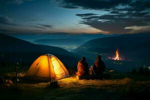 giovane coppia di fuoco da campo, luminoso tenda, sotto un' stellato montagna cielo ai generato foto