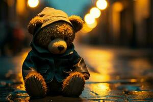 lacrimoso scena, orsacchiotto orso resiste piovere, solitudine su notte strada ai generato foto