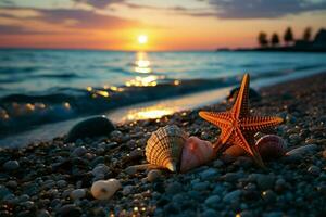 crepuscoli fascino, paio di stella marina riposo su spiaggia, silhouette contro ambientazione sole ai generato foto