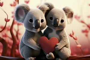 3d koala coppia nel amore, cuori nel il aria ai generato foto