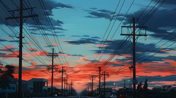 elettricità piloni e energia Linee a tramonto foto