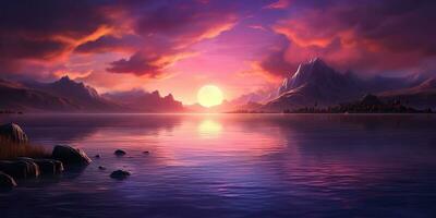 ai generato. ai generativo. viola rosa colore tramonto sera natura all'aperto lago con montagne paesaggio sfondo. grafico arte foto