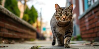 ai generato. ai generativo. uno solitario gatto animale domestico a piedi strada città urbano sfondo. grafico arte foto