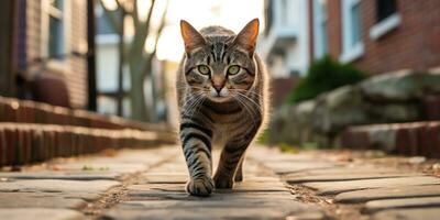 ai generato. ai generativo. uno solitario gatto animale domestico a piedi strada città urbano sfondo. grafico arte foto