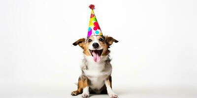 ai generato. ai generativo. carino divertente cane animale domestico nel compleanno festa cappello celebrazione. grafico arte foto