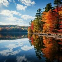 sereno lago riflettendo colorato autunno alberi foto