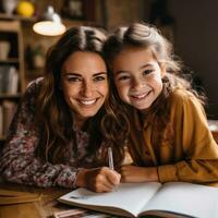 sorridente insegnante porzione alunno con compiti a casa foto