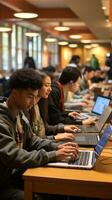 gruppo di studenti utilizzando computer portatili nel biblioteca foto