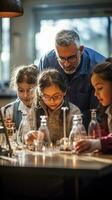 insegnante istruire studenti nel un' scienza laboratorio foto