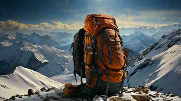 giallo turista zaino per in viaggio su il superiore di un' nevoso montagna. viaggio turismo e campeggio concetto foto