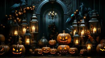 un' porta decorato per Halloween con decorazioni di zucche e candele foto