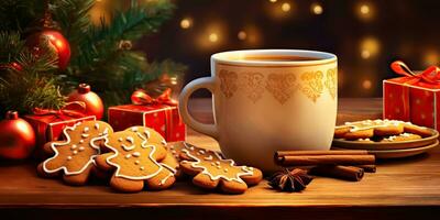 ai generato. ai generativo. allegro Natale natale nuovo anno Pan di zenzero dolce biscotti con cioccolato cacao caffè su di legno tavolo modello decorazione. grafico arte foto